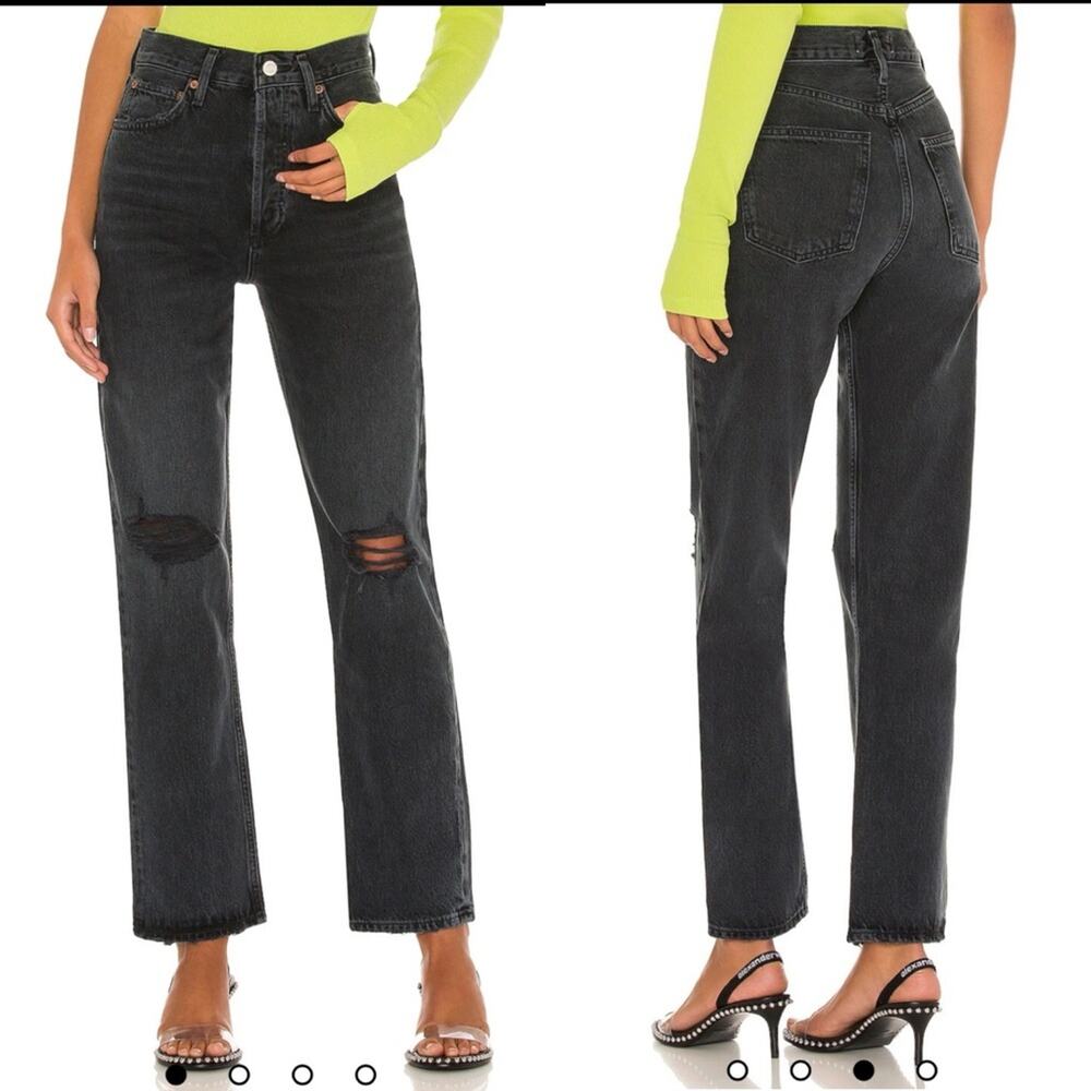 Agolde Black 90s Pinch Waist Button Fly Distressed Straight Leg Jeans - 26